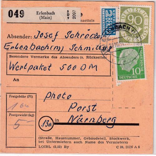 BRD - 90+10 Pfg. Posthorn/Heuss Wertpaketkarte Erlenbach - Nürnberg 1954