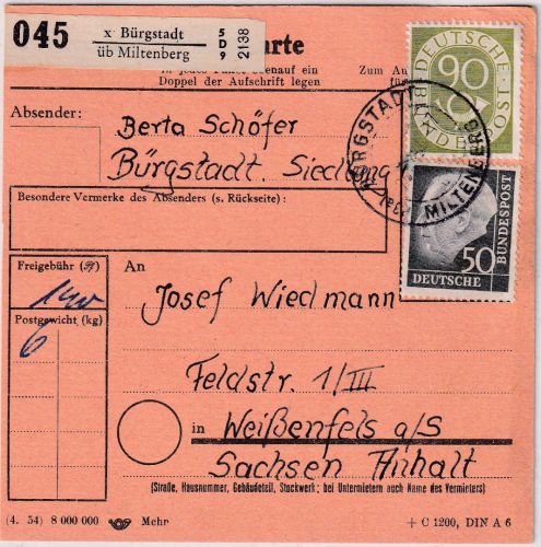 BRD - 90+50 Pfg. Posthorn/Heuss Paketkarte Bürgstadt ü, Miltenberg 1954