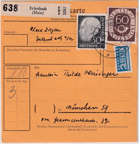BRD - 60+50 Pfg. Posthorn/Heuss Paketkarte Erlenbach - München 1954