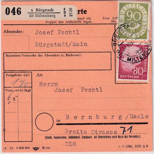BRD - 90+80 Pfg. Posthorn/Heuss Paketkarte Bürgstadt ü. Miltenberg 1954