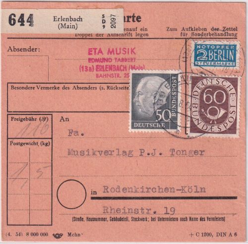 BRD - 60+50 Pfg. Posthorn/Heuss Paketkarte Erlenbach - Rodenkirchen/Köln 1954
