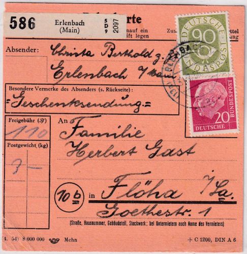 BRD - 90+20 Pfg. Posthorn/Heuss Paketkarte Erlenbach - Flöha 1954