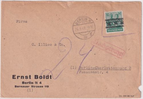 Berlin - 16 Pfg. Arbeiter/Band Ortsbrief N28 - Charlottenburg 24.9.48 Nachporto