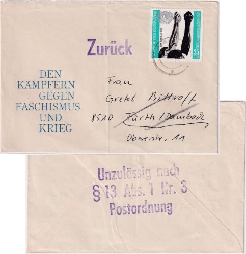 DDR - "Unzulässig nach § 13 Abs. 1 Nr. 3 Postordnung" L3 Brief Nauen Fürth 1973