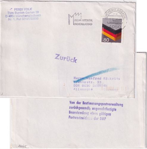 BRD/Postkrieg - 80 Pfg. Heimatvertriebene Brief i.d. DDR Mönchengladbach 1985
