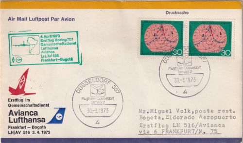 BRD - 2x30 Pfg. Meteorolog. Zusammenarbeit LH-Erstflug Düssledorf Bogota 1973