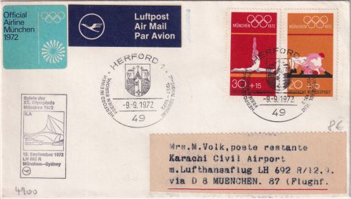 BRD - Herford 1972 Olympia-Rückflugpost München - Sydney Etappe Karachi