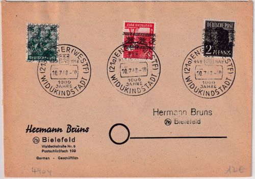 Bizone - Enger 1000 J. Wiudkindstadt Handwerbestpl. Brief n. Bielefeld