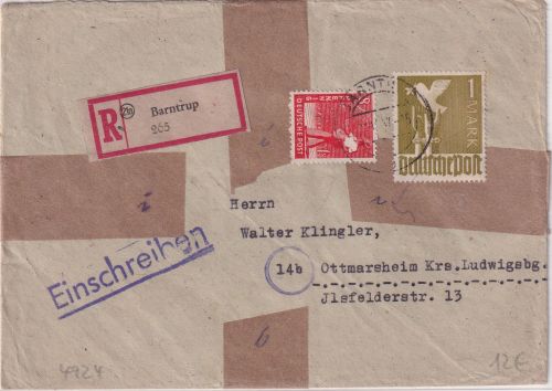 All.Bes. - 1 M. Taube u.a. Einschreibebrief Barntrup - Ottmarsheim 1947