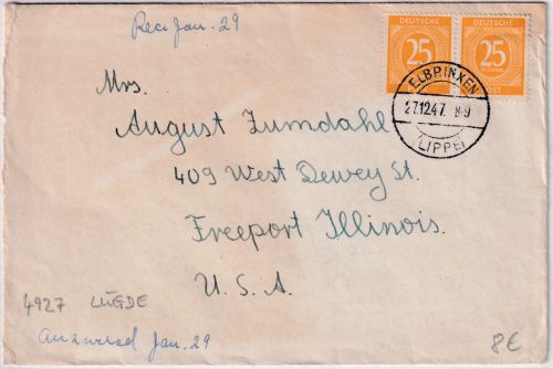 All.Bes. - 2x25 Pfg. Ziffer Brief n. USA Elbrinxen (Lippe) - Freeport 1947