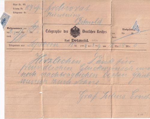 DR - Lopshorn (Jagdschloss Fürst zu Lippe) Telegramm n. Detmold 3. Sept. 1903