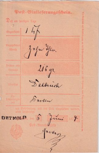 DR - Detmold L1 Aufgabeschein (Vordruck Herford !) f. Wertbrief n. Berlin 1874