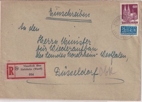 Bizone - Vinsebeck ü. Steinheim (Westf) Poststelle I Einschreibebrief 1951