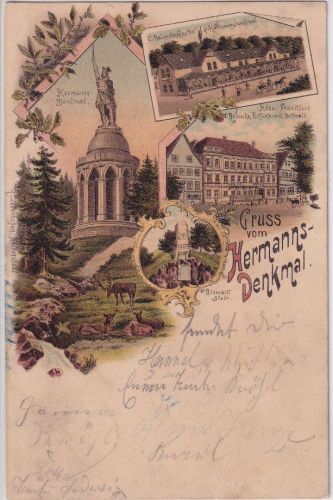 NRW - Detmold Hermannsdenkmal Gasthof etc. farb. Mehrbildlitho gelaufen 1899