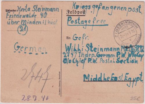 All.Bes. - Freienwalde ü. Minden Kriegsgefangenenkarte n. ÄGYPTEN 1946