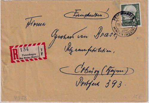 BRD - Petershagen ü. Minden Poststelle I Einschreibebrief n. Coburg 1957