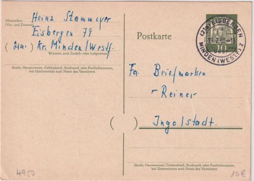 BRD - (21a) Eisbergen ü. Minden Poststelle I Ganzsache n. Ingolstadt 1962