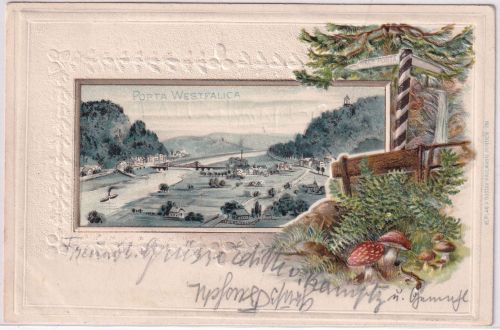 NRW - Porta Westfalica farb. Passepartout-Prägekarte gelaufen Minden 1904