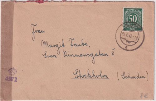 All.Bes. - 50 Pfg. Ziffer Zensurbrief n. SCHWEDEN Vlotho - Stockholm 1948