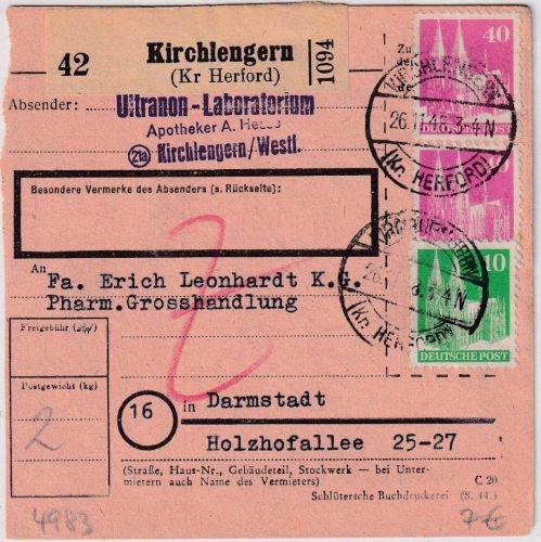Bizone - 2x40+10 Pfg. Bauten Paketkarte Kirchlengern - Darmstadt 1948