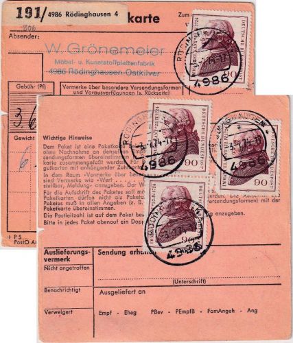 BRD - 4x90 Pfg. Kant Paketkarte Rödinghausen - Hannover 1974