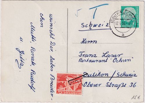 BRD - 7 Pfg. Heuss Karte i.d. SCHWEIZ Frechen - Dietikon 1956 Nachporto