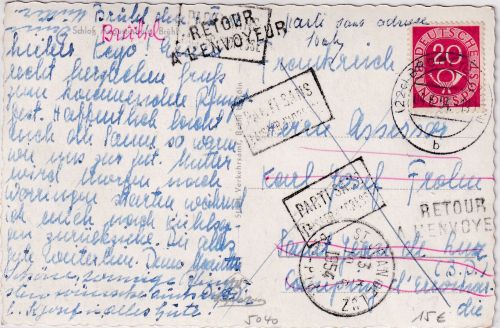 BRD - 20 Pfg. Posthorn Karte n. FRANKREICH Brühl - St. Jean de Luz 1954 Retour