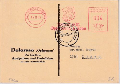 BRD - Bergisch-Gladbach 1953 4 Pfg. AFS "Opfermann & Sohn" Drucksache