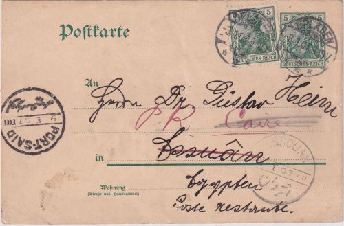 DR - 5 Pfg. Germania GA+Zusatz n. ÄGYPTEN Opladen - Assouan/postlagernd 1907