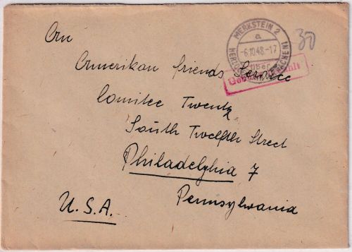 Bizone Merkstein 2 ü. Herzogenrath Poststelle I Gebühr bezahlt Brief n. USA 1948