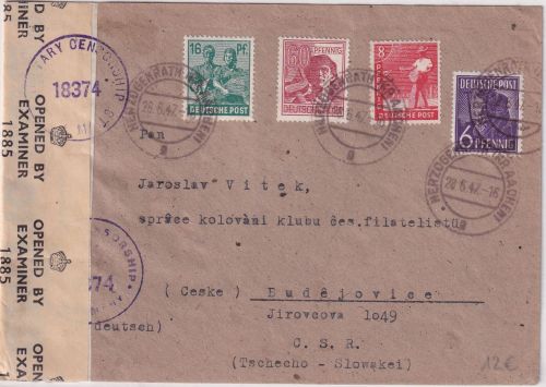 All.Bes. - 60 Pfg. Arbeiter u.a. Zensurbrief i.d. CSSR Herzogenrath Budweis 1947