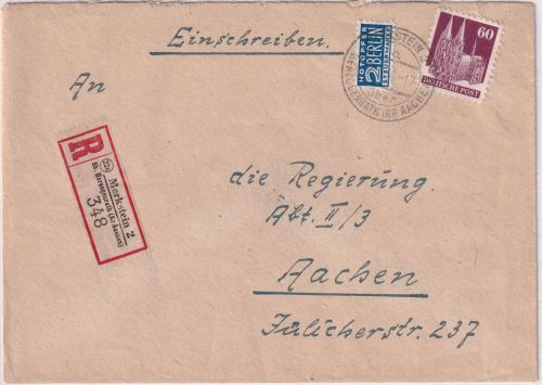 Bizone - Merkstein 2 ü. Herzogenrath Poststelle I Einschreibebrief n Aachen 1950