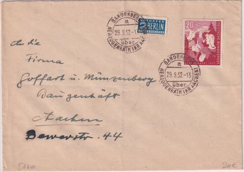 BRD - 20 Pfg. Bundesjugendplan Brief Bardenberg ü. Herzogenrath - Aachen 1952