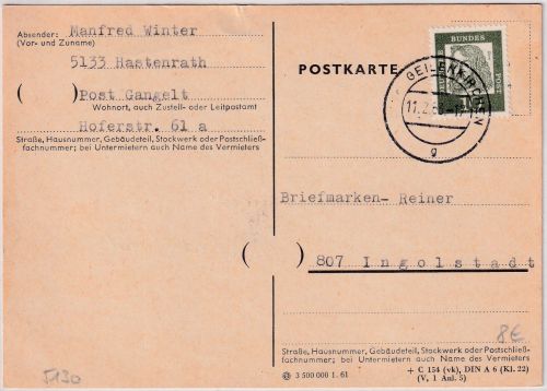 BRD - Geilenkirchen 11.2.63 aptierter Tagesstempel Karte n. Ingolstadt