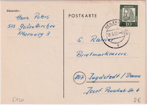 BRD - Geilenkirchen 18.5.62 aptierter Tagesstempel Karte n. Ingolstadt
