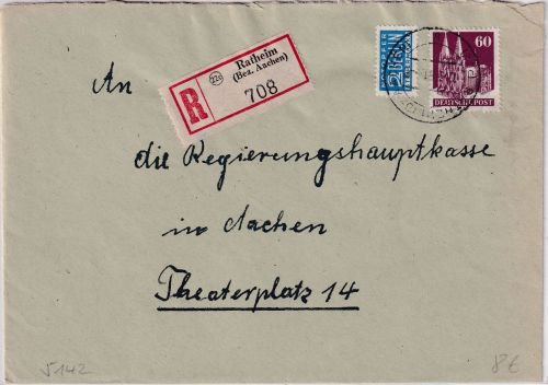 Bizone - 60 Pfg. Bauten Einschreibebrief Ratheim (Kr. Aachen) - Aachen 1951