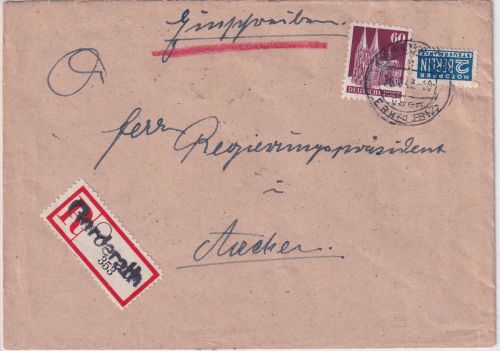 Bizone - Gerderath ü. Erkelenz Poststelle I Einschreibebrief n. Aachen 1949
