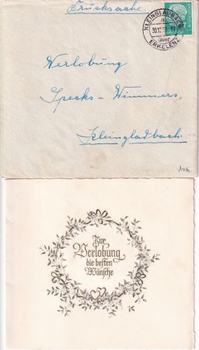 BRD - Kleingladbach ü. Erkelenz Poststelle I Ortsdrucksache/Verlobungskarte 1957