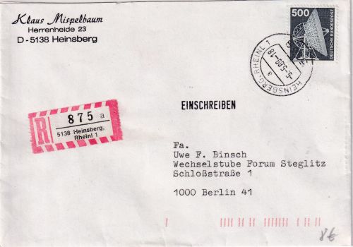 BRD - 500 Pfg. I&T Einschreibebrief Heinsberg - Berlin 1989
