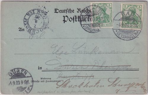 DR - 5 Pfg. Germania Karte Bad Oeynhausen - Düren Weiterleitung SCHWEDEN 1903