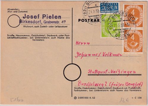 BRD - (22c) Birkesdorf ü. Düren Poststelle I Karte n. Stuttgart 1953