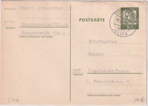 BRD - Stetternich ü. Jülich Poststelle I Ganzsache n. Ingolstadt 1962