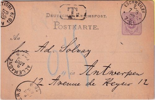 DR - 5 PfgE. Ganzsache n. BELGIEN Eschweiler 2 - Antwerpen 1879 Nachporto