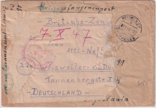 All.Bes. - Weisweiler ü. Eschweiler 9.12.46 Kriegsgefangenenbrief n. JUGOSLAWIEN