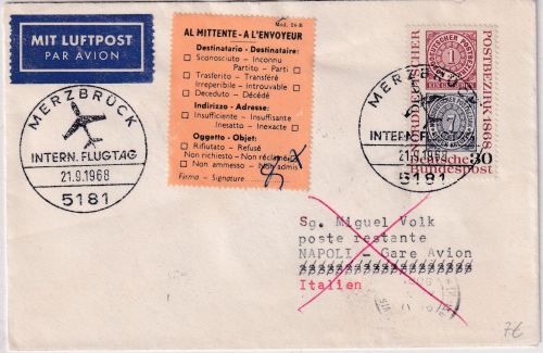 BRD - Merzbrück Int. Flugtag SST Luftpostbrief n. ITALIEN 1968 Retourzettel