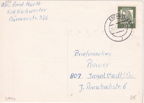 BRD - Eschweiler 11.1.63 aptierter Tagesstempel Karte n. Ingolstadt