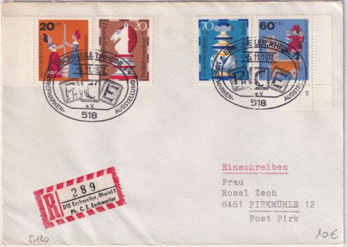 BRD - Eschweiler 1. BM-Ausstellung SST + Sonder-R-Zettel Einschreibebrief 1972