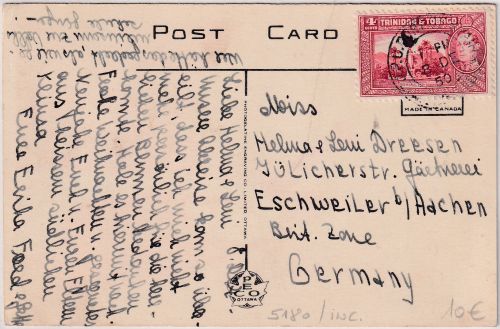 Trinidad & Tobago - 4 C. Freimarke Karte n. Eschweiler 1950