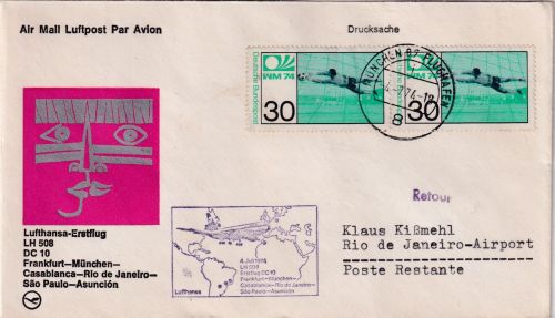 BRD - 2x30 Pfg. Fussball-WM LH-Erstflug Etappe München - Rio de Janeiro 1974
