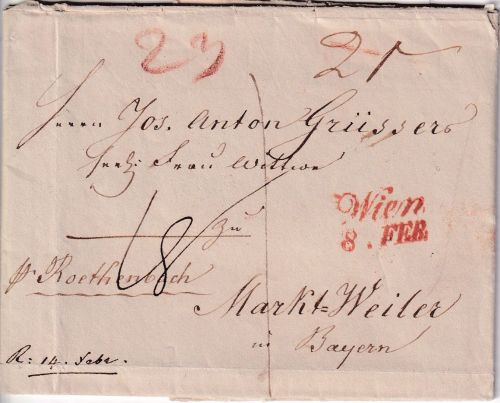 Österreich/Bayern - Wien 8. FEB roter L2 Grenzfrankobrief n. Weiler 1838